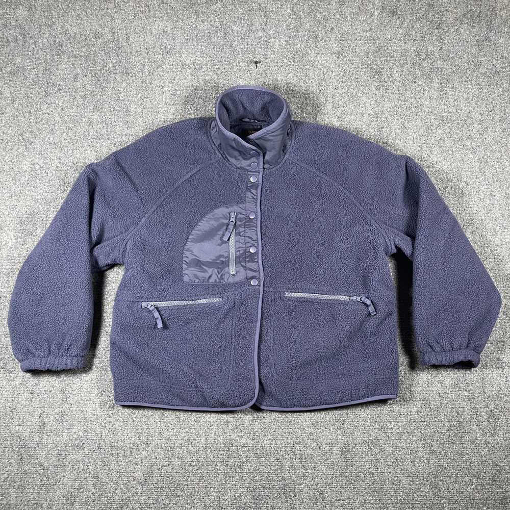 Quince Fleece Sherpa Snap Front Crop Quilted Jacket Navy Womens Large